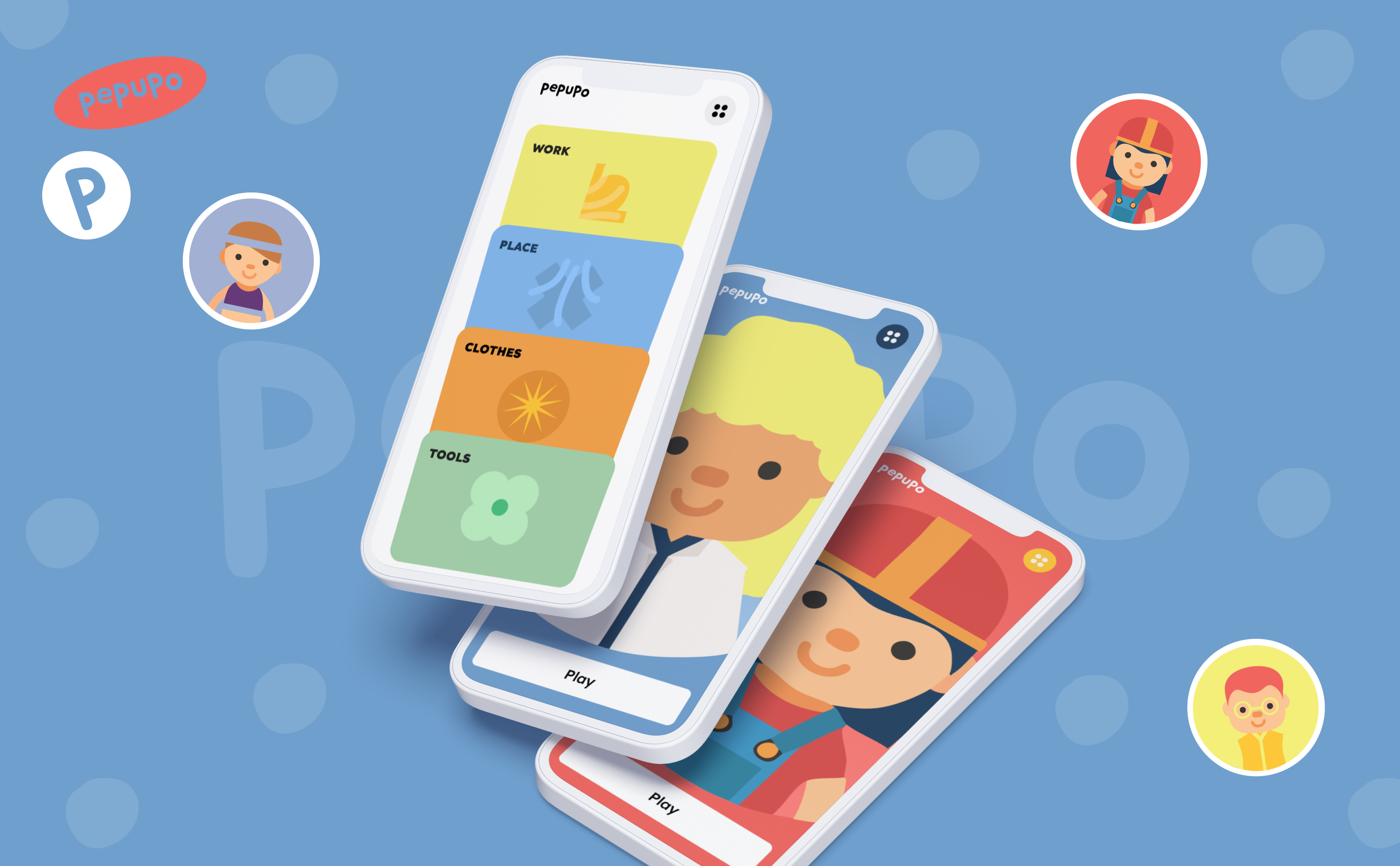 Pepupo app — phone mockups and character badges