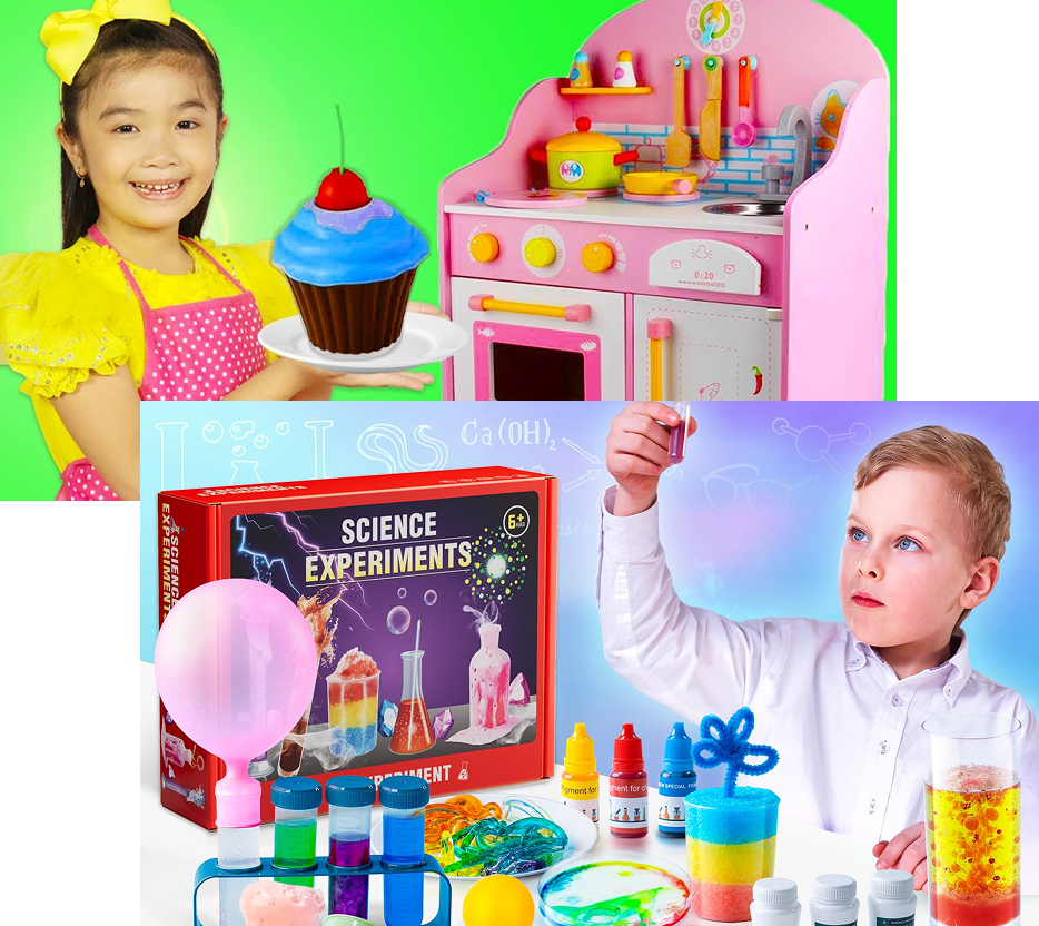 A girl holding a cupcake beside a toy kitchen, and a boy running a science experiment