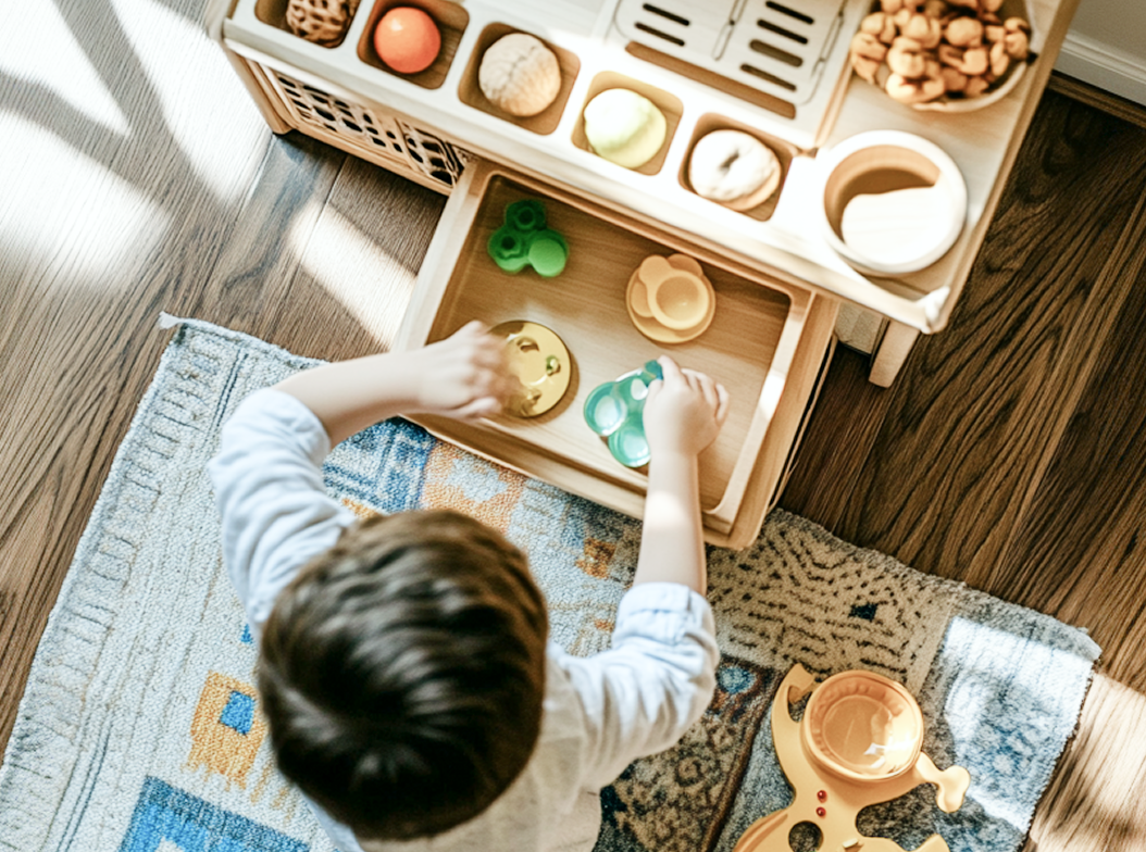 A child playing with a wooden toy kitchen, seen from above