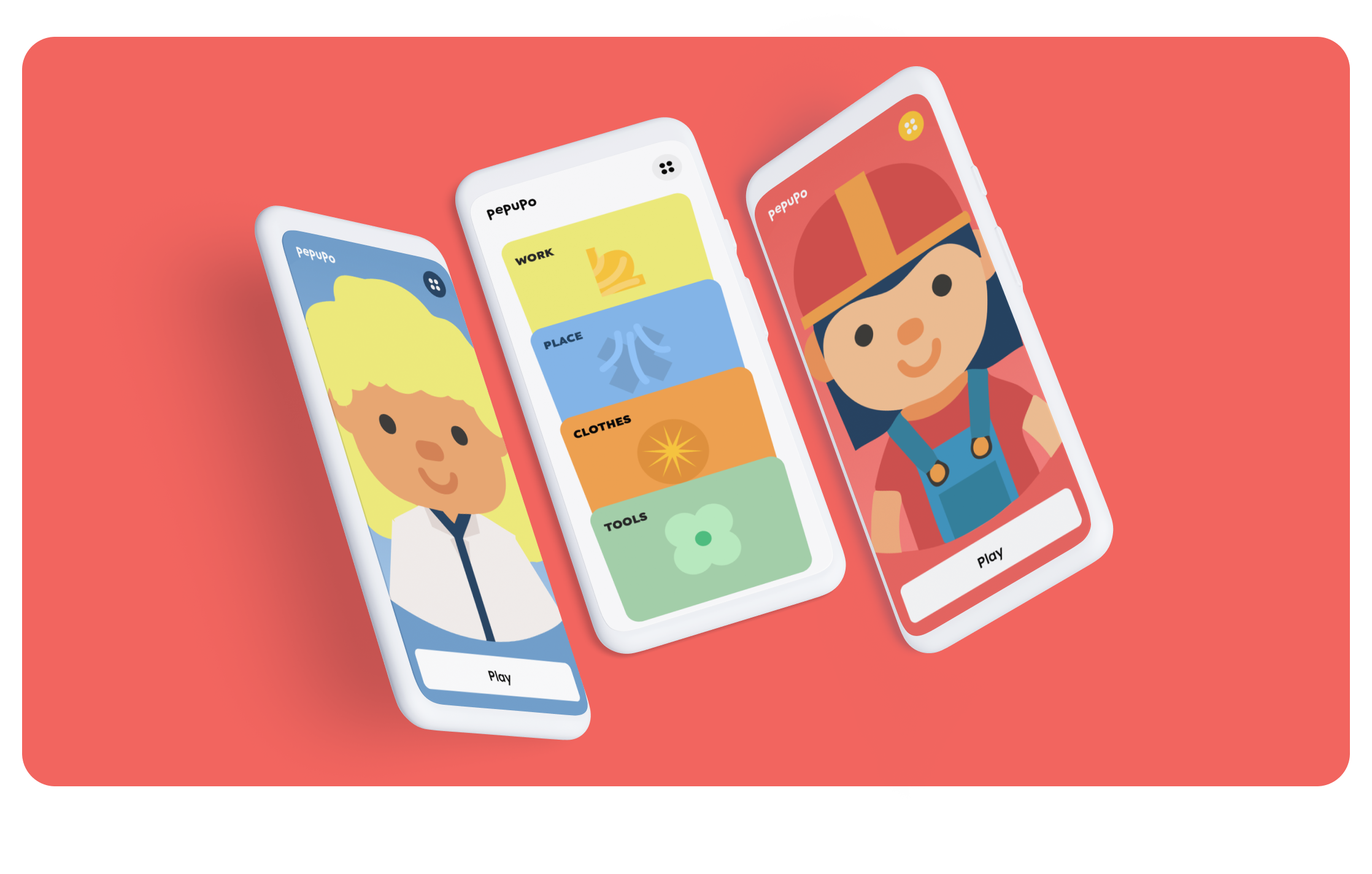 Three phones showing Pepupo screens: a character, the category menu, and another character